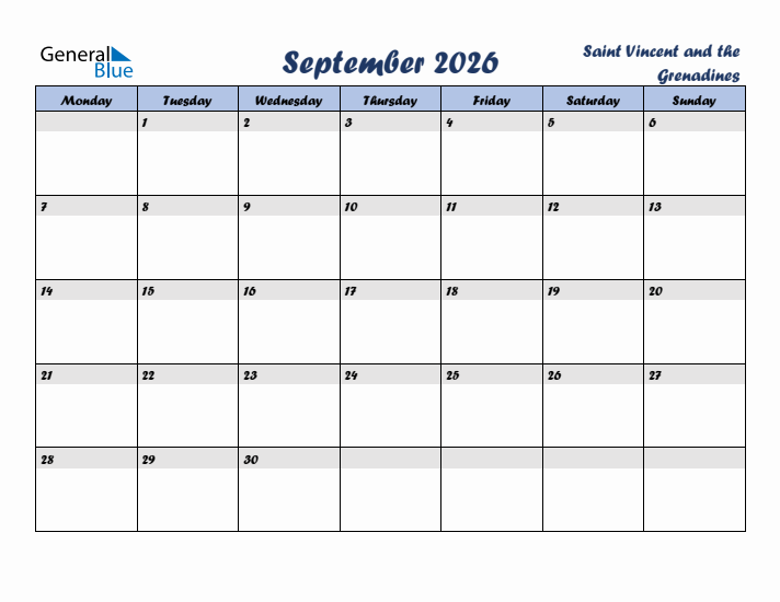 September 2026 Calendar with Holidays in Saint Vincent and the Grenadines