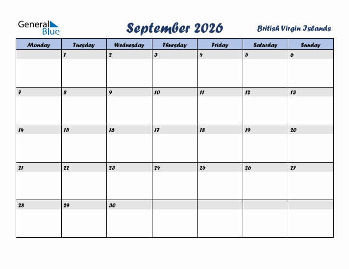 September 2026 Calendar with Holidays in British Virgin Islands
