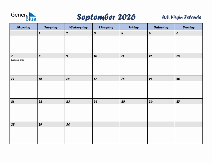 September 2026 Calendar with Holidays in U.S. Virgin Islands