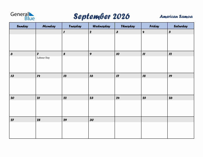 September 2026 Calendar with Holidays in American Samoa