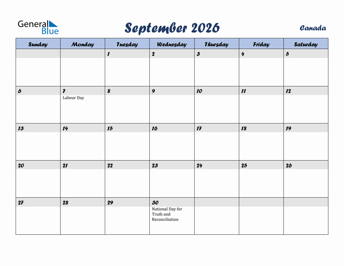 September 2026 Monthly Calendar Template with Holidays for Canada