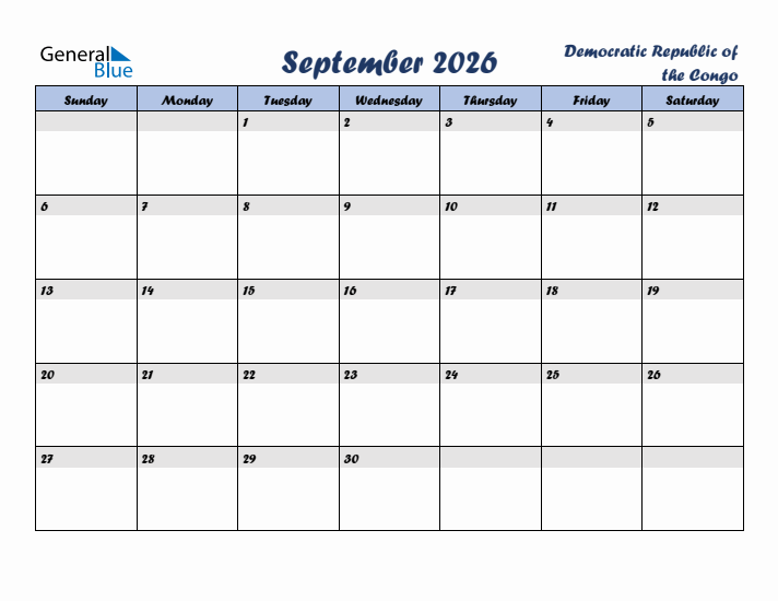 September 2026 Calendar with Holidays in Democratic Republic of the Congo