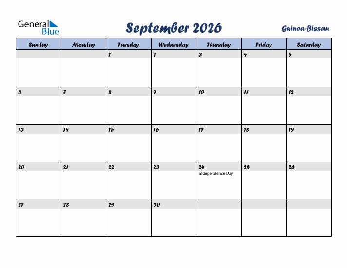 September 2026 Calendar with Holidays in Guinea-Bissau