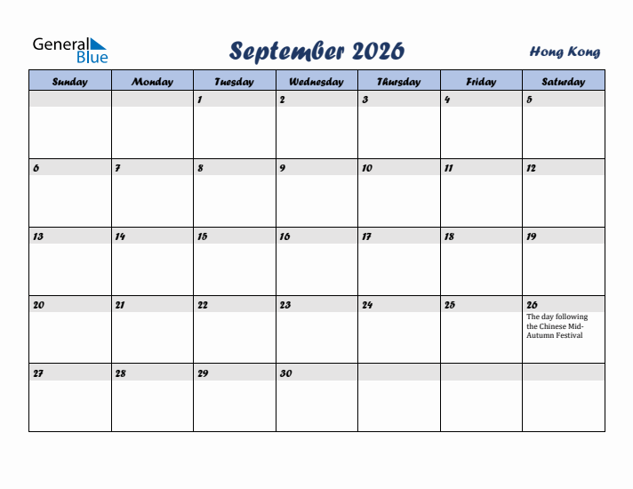 September 2026 Calendar with Holidays in Hong Kong