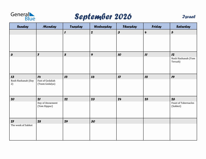 September 2026 Calendar with Holidays in Israel