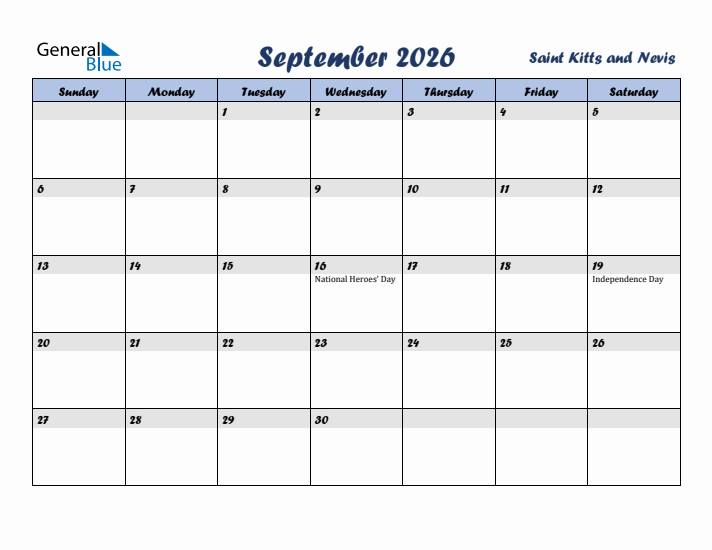 September 2026 Calendar with Holidays in Saint Kitts and Nevis