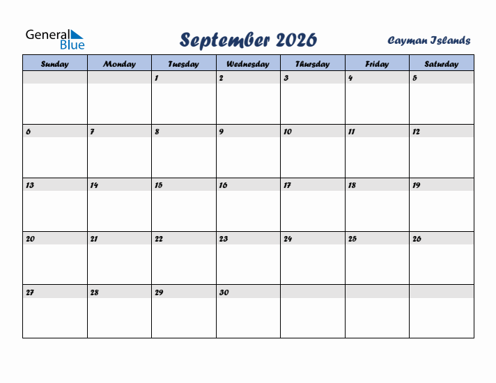 September 2026 Calendar with Holidays in Cayman Islands