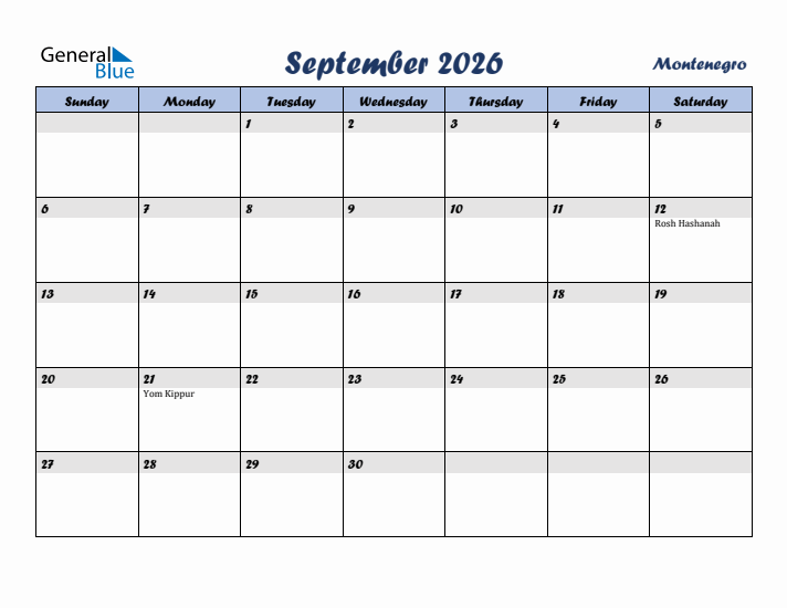 September 2026 Calendar with Holidays in Montenegro