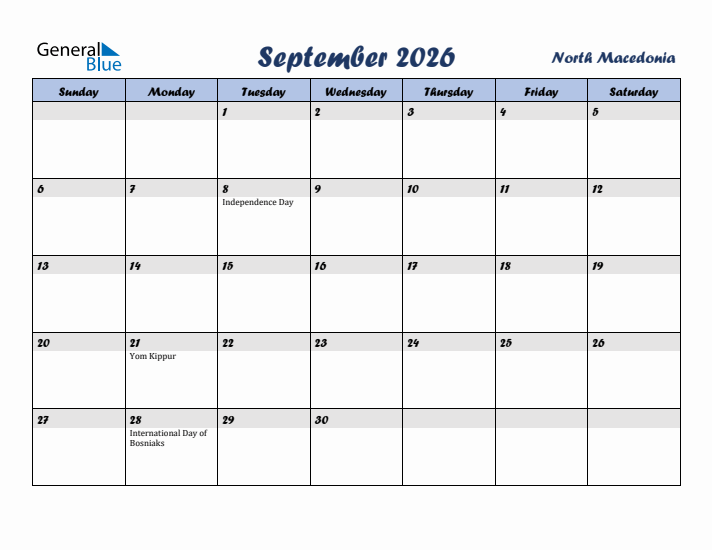 September 2026 Calendar with Holidays in North Macedonia