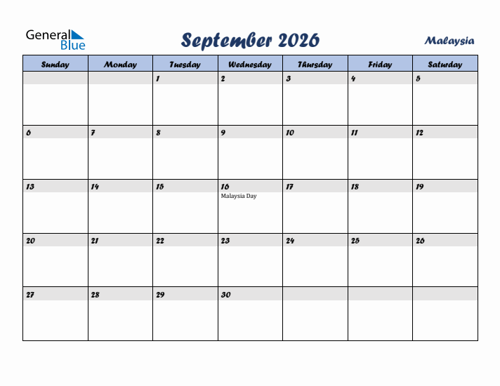 September 2026 Calendar with Holidays in Malaysia