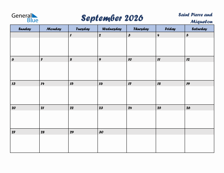 September 2026 Calendar with Holidays in Saint Pierre and Miquelon