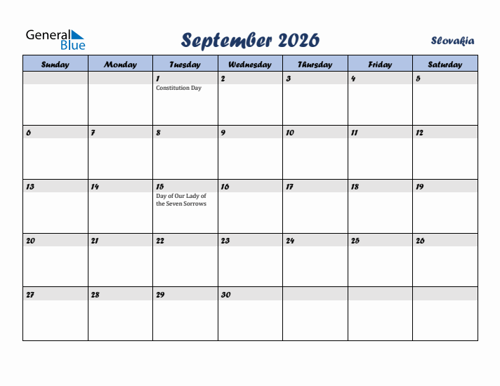 September 2026 Calendar with Holidays in Slovakia