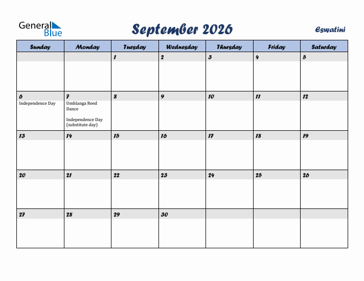 September 2026 Calendar with Holidays in Eswatini