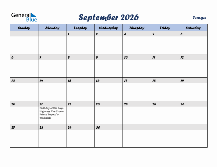 September 2026 Calendar with Holidays in Tonga