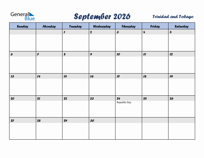 September 2026 Calendar with Holidays in Trinidad and Tobago