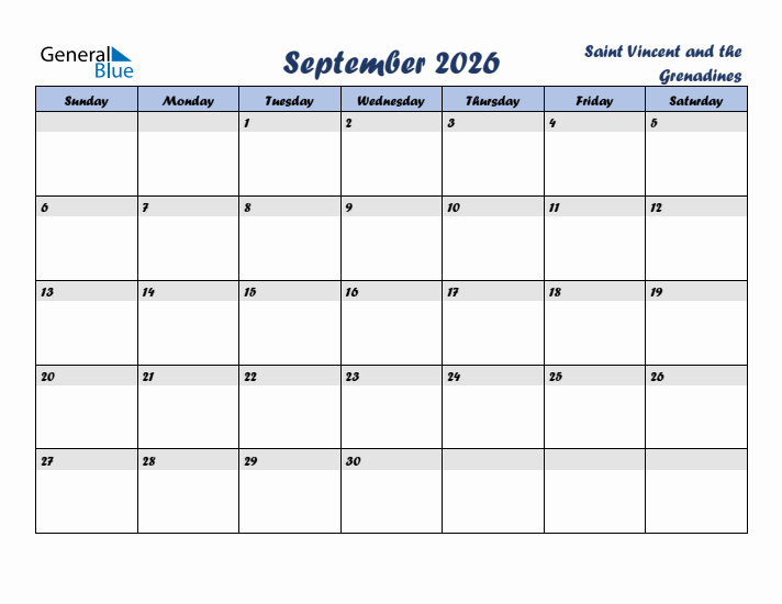 September 2026 Calendar with Holidays in Saint Vincent and the Grenadines