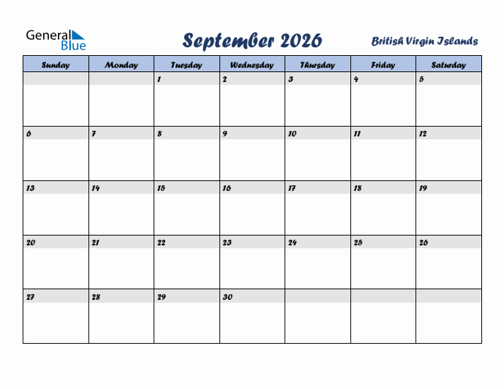 September 2026 Calendar with Holidays in British Virgin Islands