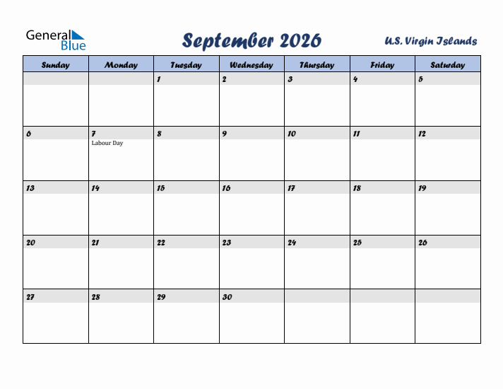 September 2026 Calendar with Holidays in U.S. Virgin Islands