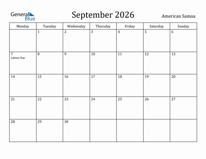 September 2026 Calendar American Samoa