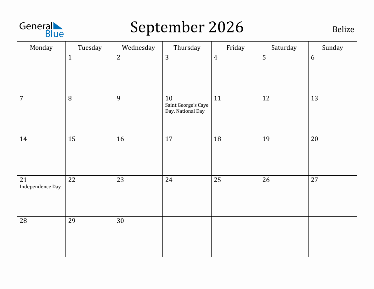 September 2026 Belize Monthly Calendar with Holidays