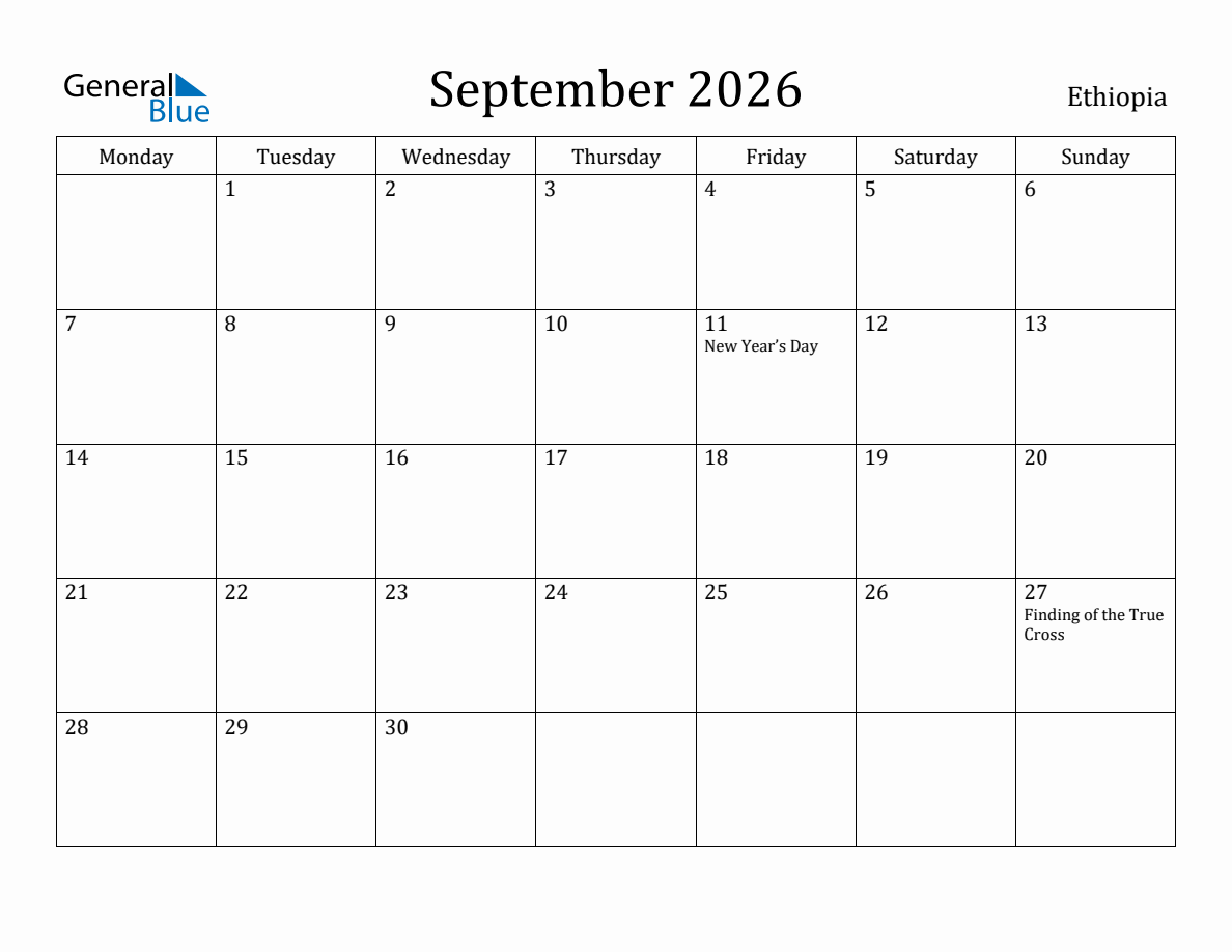 September 2026 Ethiopia Monthly Calendar with Holidays
