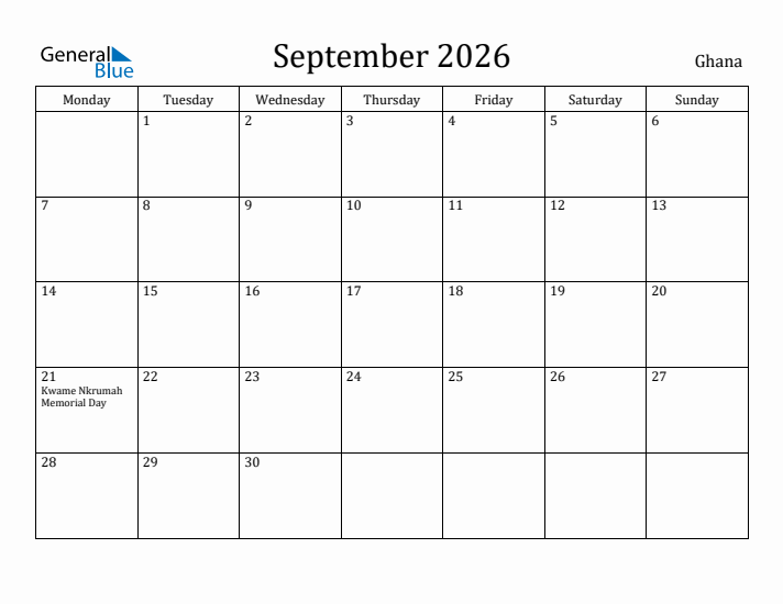 September 2026 Calendar Ghana