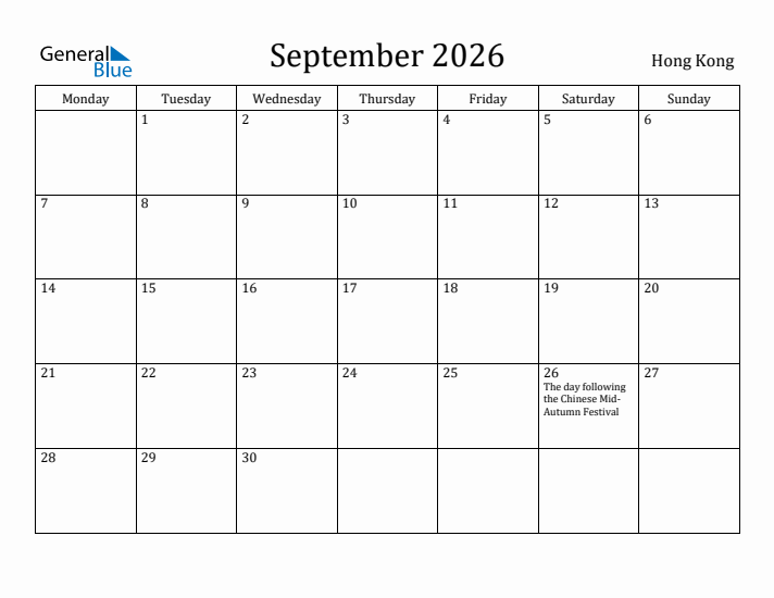 September 2026 Calendar Hong Kong