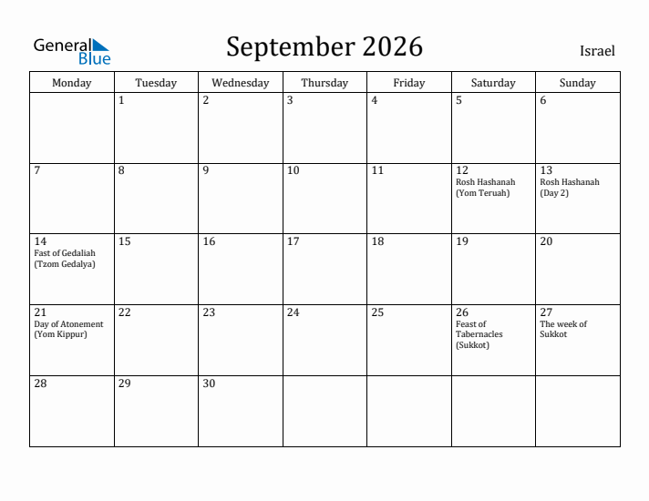 September 2026 Calendar Israel