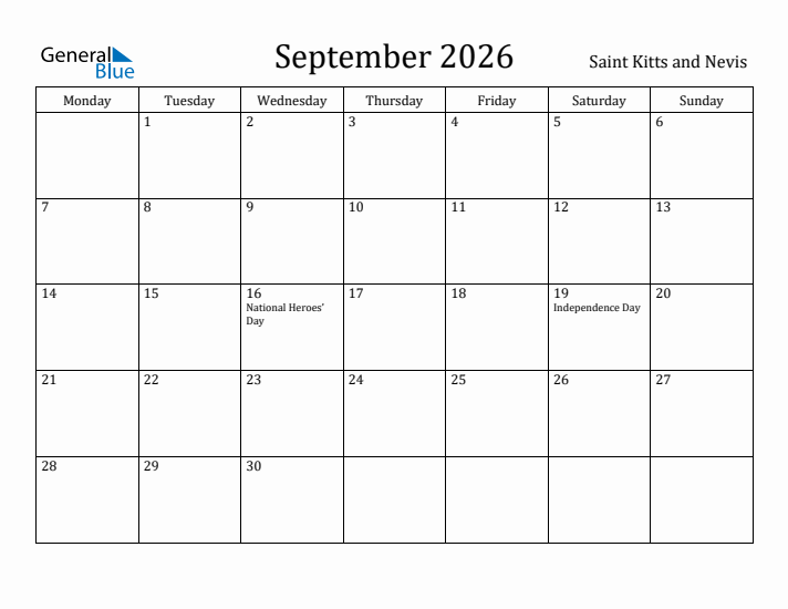 September 2026 Calendar Saint Kitts and Nevis