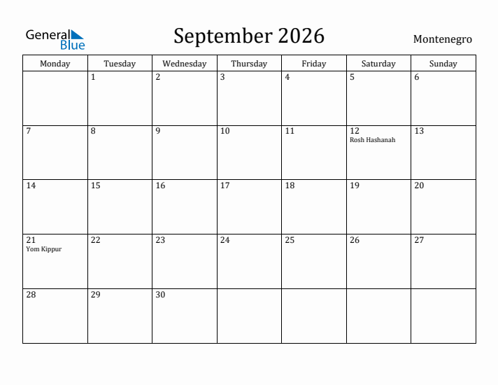 September 2026 Calendar Montenegro