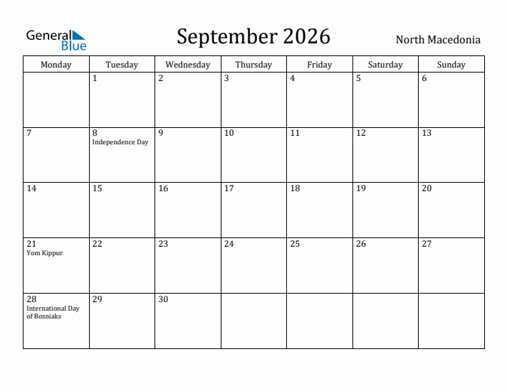 September 2026 Calendar North Macedonia