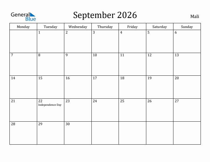 September 2026 Calendar Mali