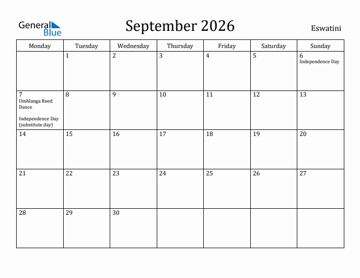 September 2026 Calendar Eswatini