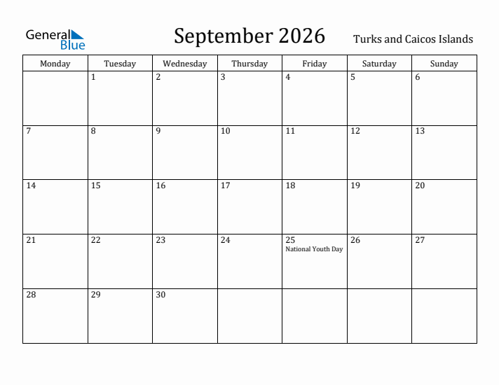 September 2026 Calendar Turks and Caicos Islands
