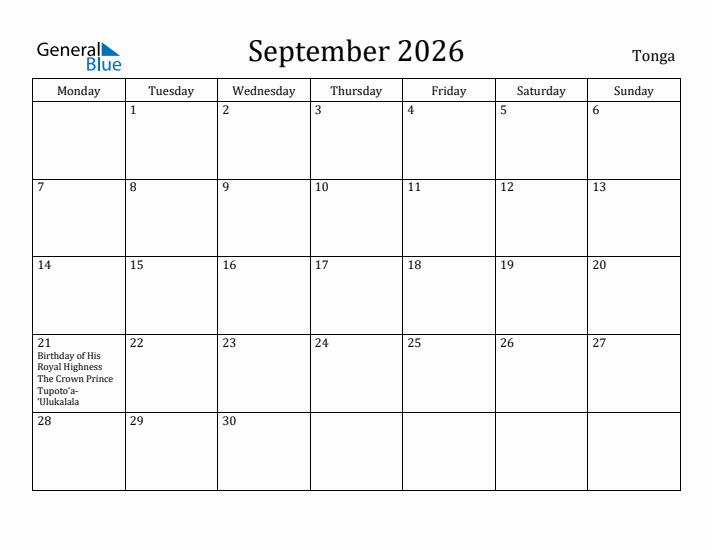 September 2026 Calendar Tonga
