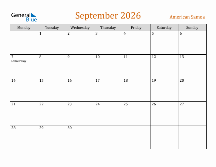 September 2026 Holiday Calendar with Monday Start