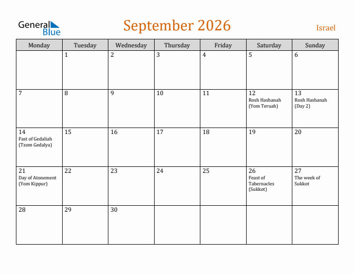 September 2026 Holiday Calendar with Monday Start