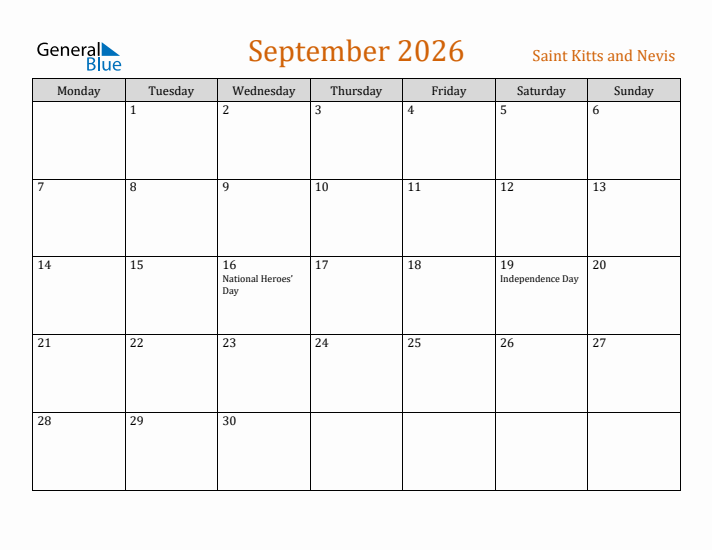 September 2026 Holiday Calendar with Monday Start