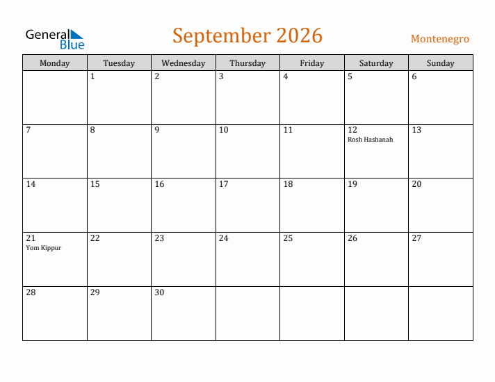 September 2026 Holiday Calendar with Monday Start