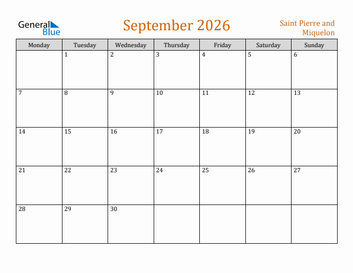 September 2026 Holiday Calendar with Monday Start