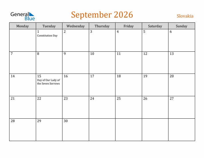 September 2026 Holiday Calendar with Monday Start