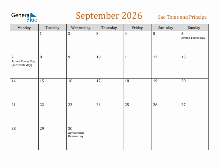 September 2026 Holiday Calendar with Monday Start