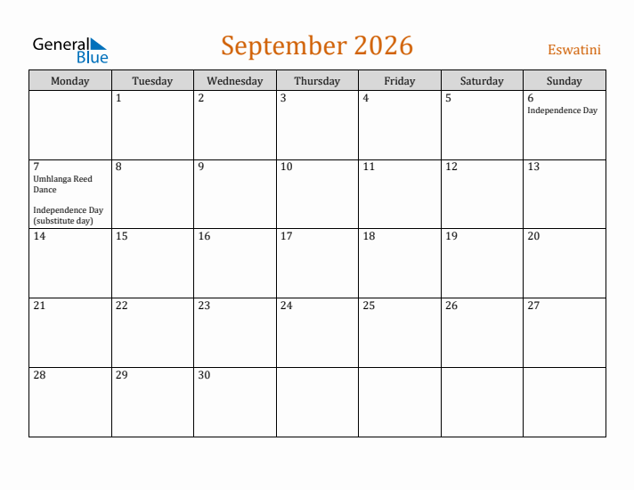 September 2026 Holiday Calendar with Monday Start