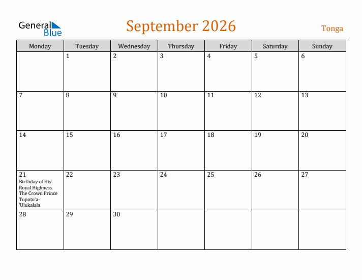 September 2026 Holiday Calendar with Monday Start