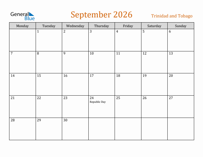 September 2026 Holiday Calendar with Monday Start