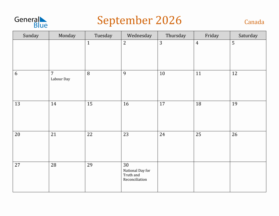 Free September 2026 Canada Calendar