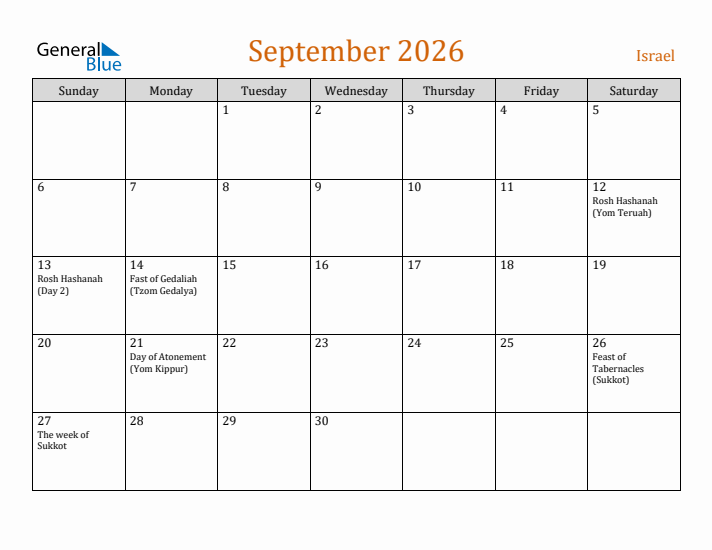 September 2026 Holiday Calendar with Sunday Start