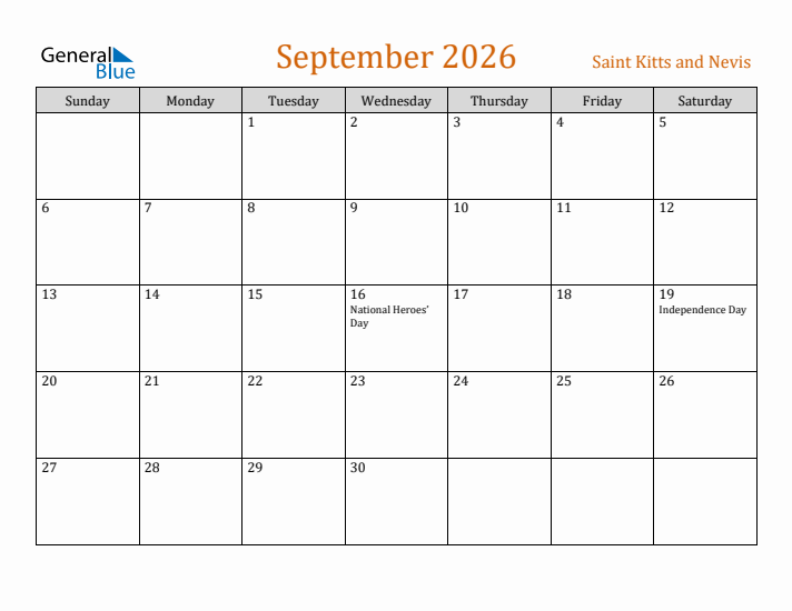 September 2026 Holiday Calendar with Sunday Start