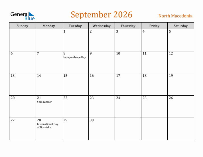 September 2026 Holiday Calendar with Sunday Start