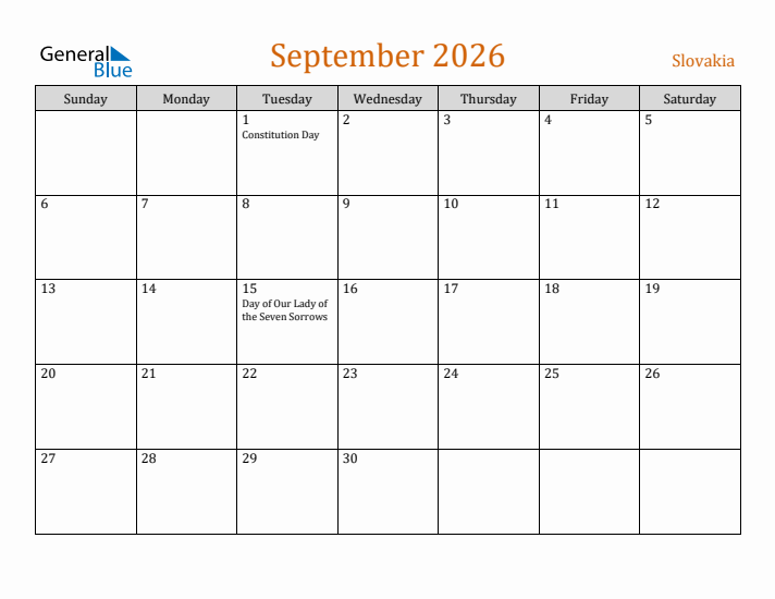 September 2026 Holiday Calendar with Sunday Start
